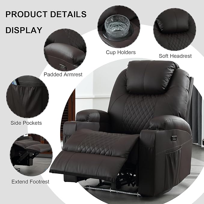 Power Recliner Chair with Heat and Massage, PU Leather Home Theater Seating with LED Lights/Cup Holders/Side Pocket/USB Port, Reclining Sofa Chair for Living Room (1, Brown)