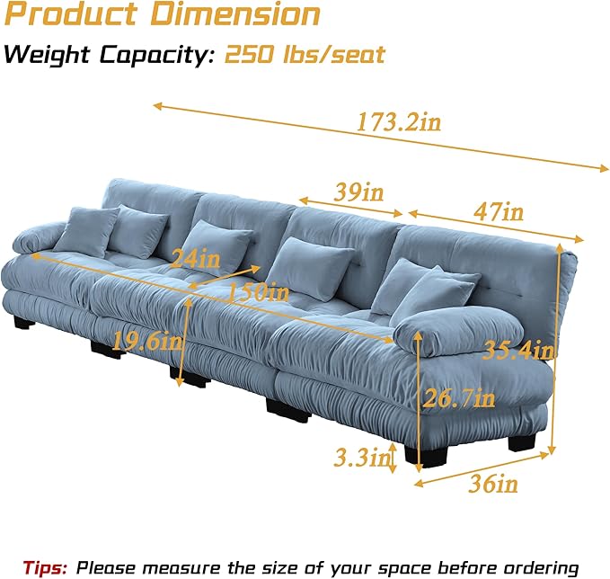 Modular Sectional Sofa, Comfy Cloud Couch 4 Seater Couch, Sectional Couches for Living Room, Modern Chenille Oversized Couches for Bedroom, Sleeper Deep Seat Sofa with Throw Pillows, Blue