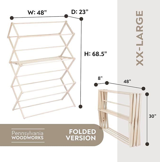 Pennsylvania Woodworks Clothes Drying Rack: Solid Maple Hard Wood Laundry Rack for Blankets, Towels, Bedding & More, Heavy Duty Folding Drying Rack, Made in USA, No Assembly Needed, XXLarge