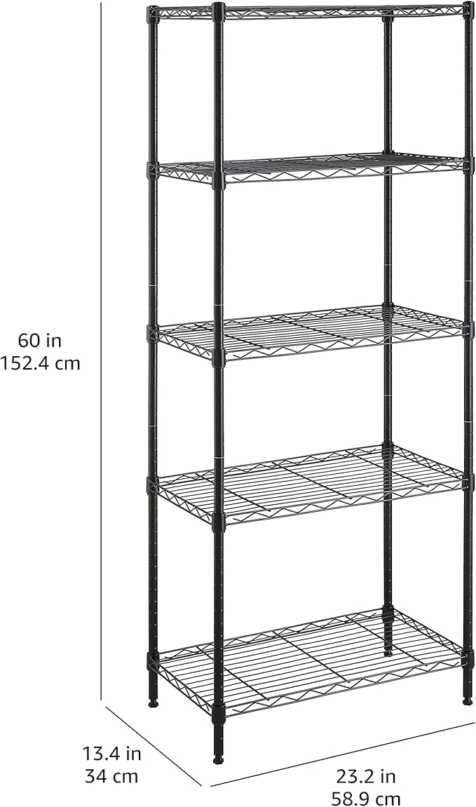 Amazon Basics 5-Shelf Multipurpose Adjustable Sturdy Steel Storage Shelving Unit, Easy Assembly, 13.4" D x 23.2"W x 60"H, Black