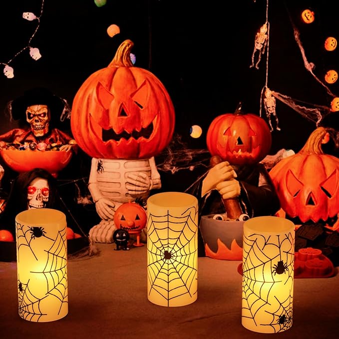 Wondise Halloween Flickering Flameless Candles with Spider Decals, Battery Operated Candles with 6hrs Timer, Real Wax Halloween LED Candles for Horror Spooky Halloween Home Decoration(Set of 3, 3"x6")