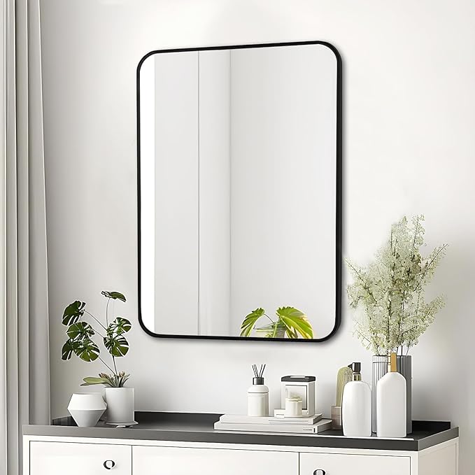 Fabuday Black Bathroom Mirror for Over Sink - 20x28 Rounded Rectangle Wall Mirror, Matte Metal Framed Vanity Rectangular Mirrors for Bedroom, Living Room, Entryway Decor, Horizontally/Vertically