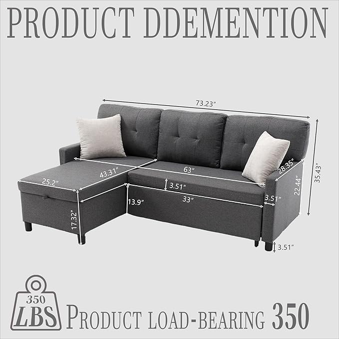 Pull Out Couch, Oversized Sleeper Sofa Couch, Sectional Sleeper Sofa Bed for Living Room Bedroom Lounge (Grey, 73 Inch)