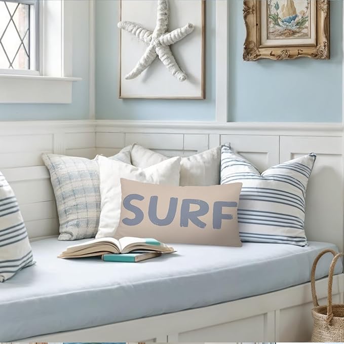 Coastal Beach Surf Room Decor 12x20 Pillow Cover, Nautical Coastal Beach Retro Surf Decorative Lumbar Pillow Covers for Girls Boys Bedroom College Dorm Sofa Couch
