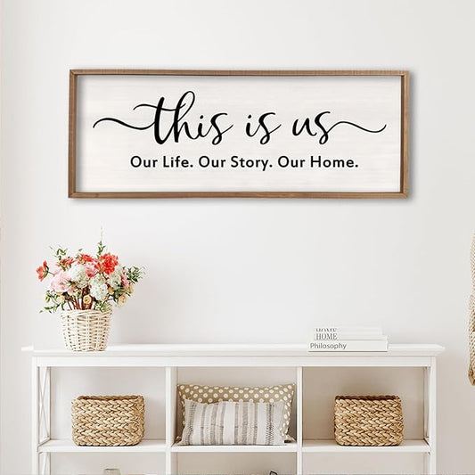 This is us Wall Decor Sign 32'' x 12'' Large Master Bedroom Home Life Story Wood Framed Vintage Family Sign Rustic Plaque Living Room Minimalist Farmhouse Hanging Wall Art (Wood)
