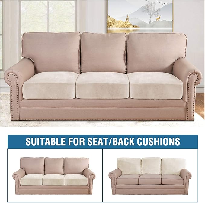 H.VERSAILTEX Velvet Stretch Couch Cushion Cover Plush Cushion Slipcover for Chair Loveseat Sofa Cushion Furniture Protector Seat Cushion Sofa Cover (3 Piece XL Sofa Cushion Covers, Ivory)