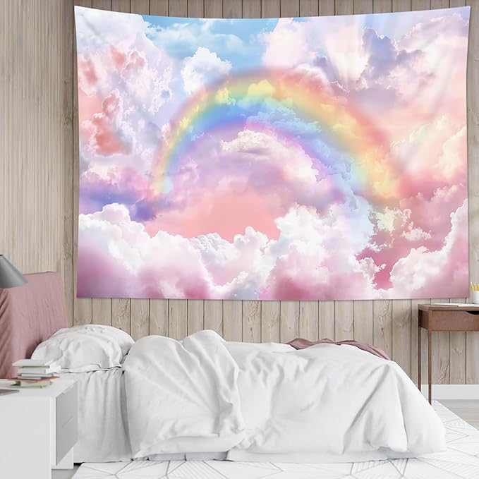 HVEST Rainbow Cloud Tapestry, Polyester Wall Art, Rainbow and Pink Cloud with Glow Sunshine in Pastel Sky, Aesthetic Nature Landscape, Bedroom Living Room Decor, 60x40 Inches