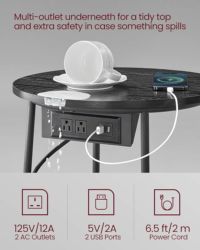 VASAGLE Side Table with Charging Station, Round End Table with Fabric Basket, Nightstand with Power Outlets, USB Ports, for Living Room, Bedroom, Modern, Ebony Black and Slate Gray ULET228B01