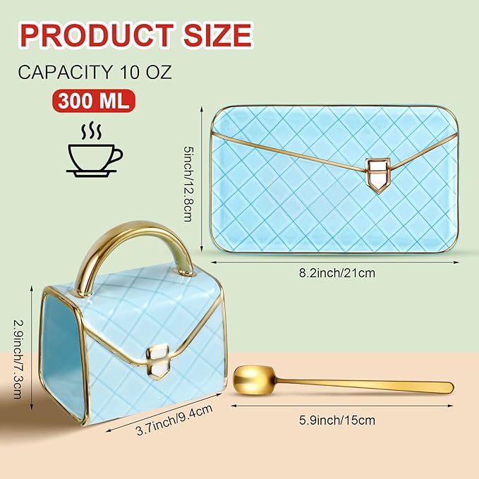 Zubebe 1 Set Coffee Mug Elegant Handbag Shaped Cup Modern Ceramic Purse Mug with Spoon and Saucer, 10oz Cute Creative Tea Cup for Office Home Woman Girls Gift (Blue)
