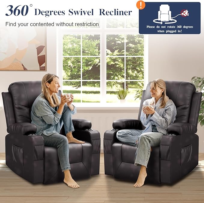 Recliner Chairs for Adults, FSC Certified Massage Rocker with Heated Modern Ergonomic Lounge 360 Degree Swivel Single Sofa Seat Living Room Lounge Recliners Brown