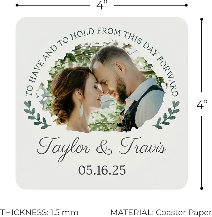 60 Pack Personalized Wedding Coasters, Custom Cardboard Coasters for Drinks with Photo Print and Text, Keepsake Wedding Favors and Gifts for Couples, 4x4 Square, Design 4