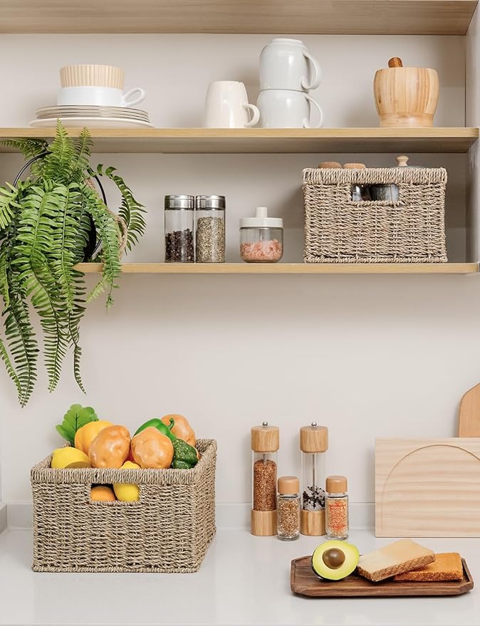 StorageWorks Wicker Storage Baskets, Large and Small Baskets, Handwoven Seagrass Basket for Organizing, Decorative Wicker Baskets with Built-in Handles, Set of 2