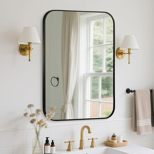 FARMER 20x30 Inch Black Bathroom Mirror, Rectangle Vanity Mirror, Brushed Mirrors for Wall, Metal Frame Hanging Mirror with Round Corner for Bedrooms, Entryways, Living Rooms, Horizontal/Vertical