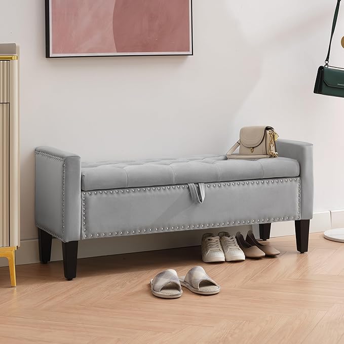 Storage Ottoman Bench, Velvet Upholstered Footstool for Bedroom and Living Room, Tufted Seat with Storage, Wooden Legs & Metal Rivets, Grey