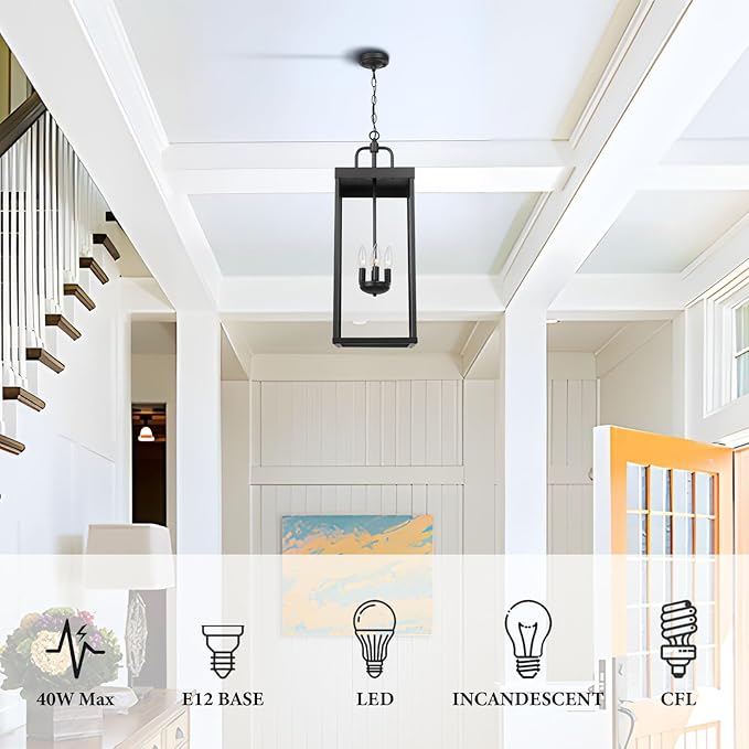 Large Outdoor Pendant Lantern Light Fixture for Front Porch, 28 Inch 4-Light Black Exterior Hanging Chandelier with Clear Glass, Outdoor Indoor Pendant Lamp for Patio, Gazebo, Entryway, Doorway