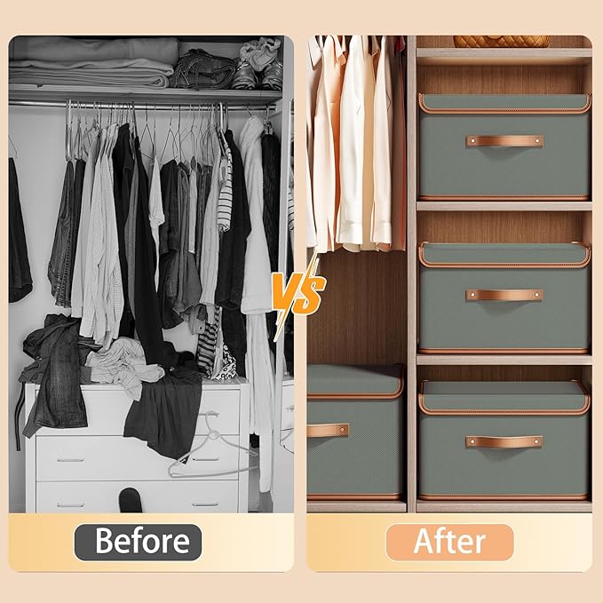 Tuza 2 Pack Storage Bins with Lids, Collapsible Closet Organizer Container, Fabric Organizer Box with Handles, Decorative Storage Boxes with Lids for Organizing Clothes, Blanket, Grey, Large