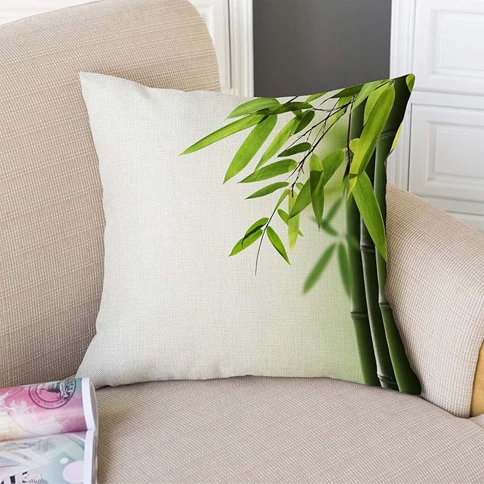 TSSOHU Green Bamboo Farmhouse Pillow Cover Cotton Linen Decorative Square Throw Pillow Cover 18x18 Inch for Sofa Couch Decoration