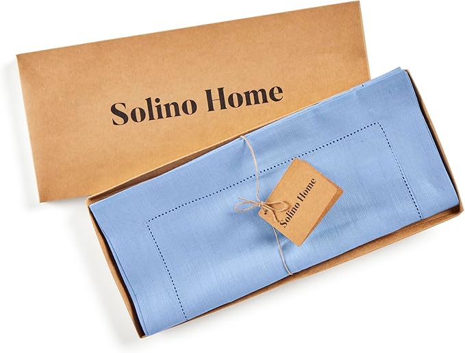 Solino Home Linen Cornflower Blue Hemstitch Table Runner 60 Inches - 100% Pure Linen Small Table Runner 14 x 60 Inch Ideal for Dresser and Coffee Tables - Classic Hemstitch