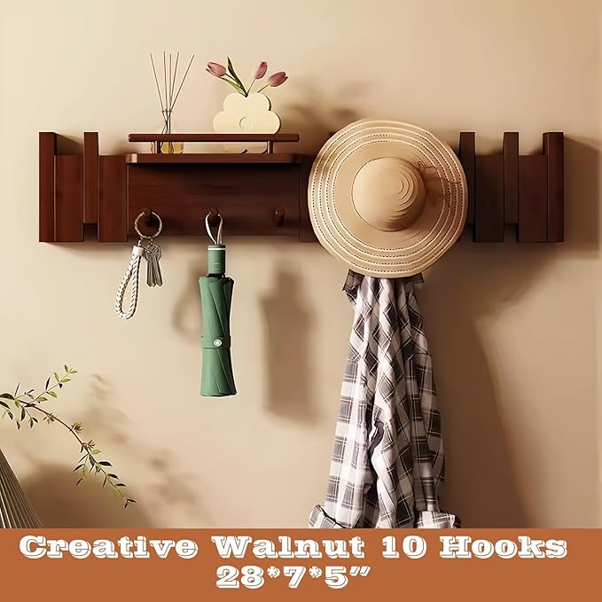 Wall Mounted Piano Key Hanger | Flip Style Hook | Entrance Wall Art Hook, Made of Oak Wood (3 Times Painted, 4 Times Polished) (Fence Walnut, 10Hooks)