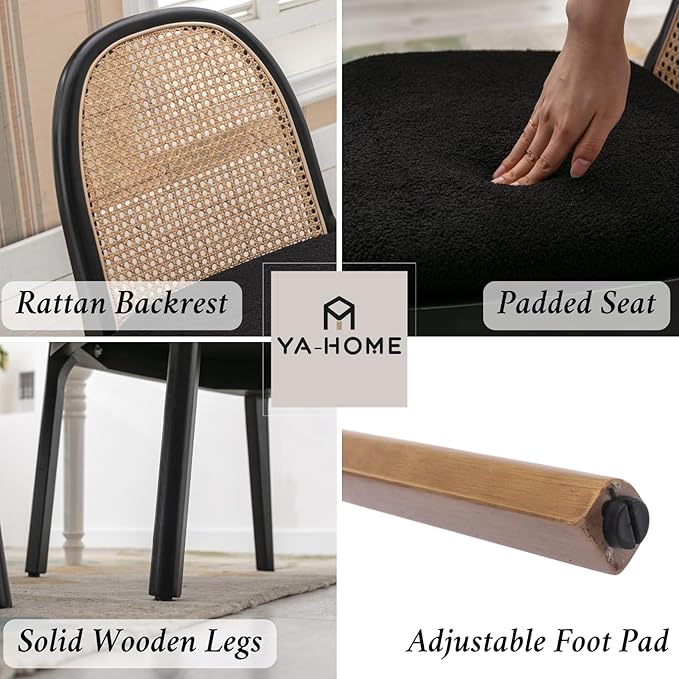 Mid Century Dining Chairs Set of 6, Accent Rattan Sherpa Fabric Side Chairs Kitchen Chair with Solid Wooden Legs for Living Room Dining Room, Black