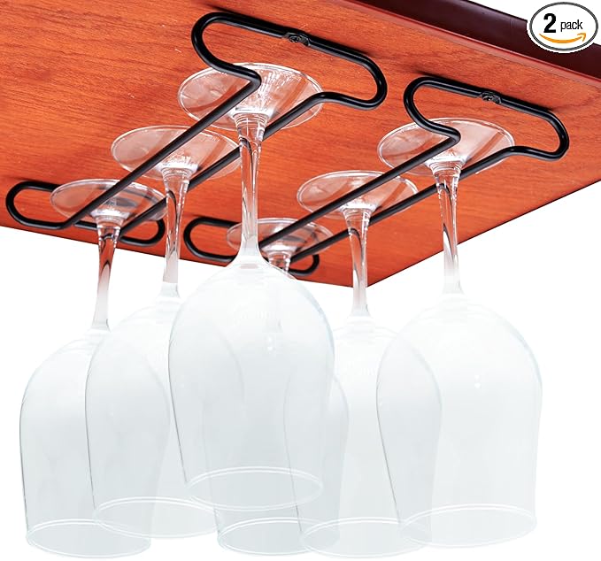 Wine Glass Rack Under Cabinet Shelf Glasses Holder Storage with Drying Stemware Rack Under Counter Metal Hanger Hanging Rack for Kitchen Black