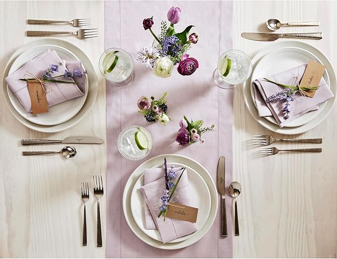 Solino Home Linen Lilac Table Runner 108 Inches Long - 100% Pure Linen 14 x 108 Inch Table Runner - Classic Hemstitch