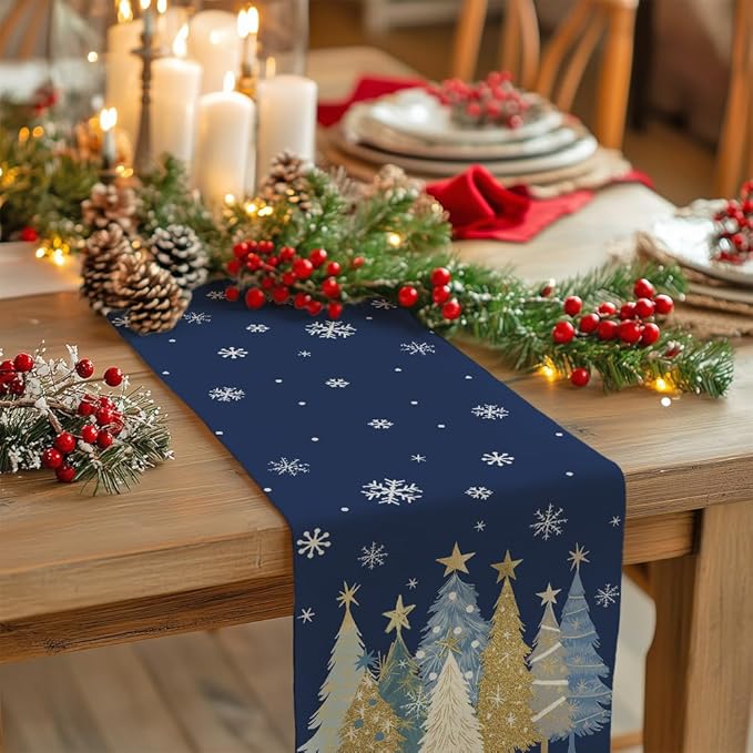 GEEORY Christmas Table Runner 13x72 Inch, Xmas Trees Snowflakes Holiday Decorative Farmhouse Table Decoration for Kitchen Dinning, Indoor Outdoor Dinner Party Decor (Blue) GT151-72