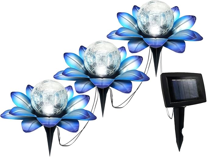 LEWIS&WAYNE Solar Garden Lights Outdoor, 3 Pcs Blue Lotus Flower Pathway Lamps with Cool White Crackle Glass Globe Led Lights for Patio Pathway Yard Balcony Garden Decorations