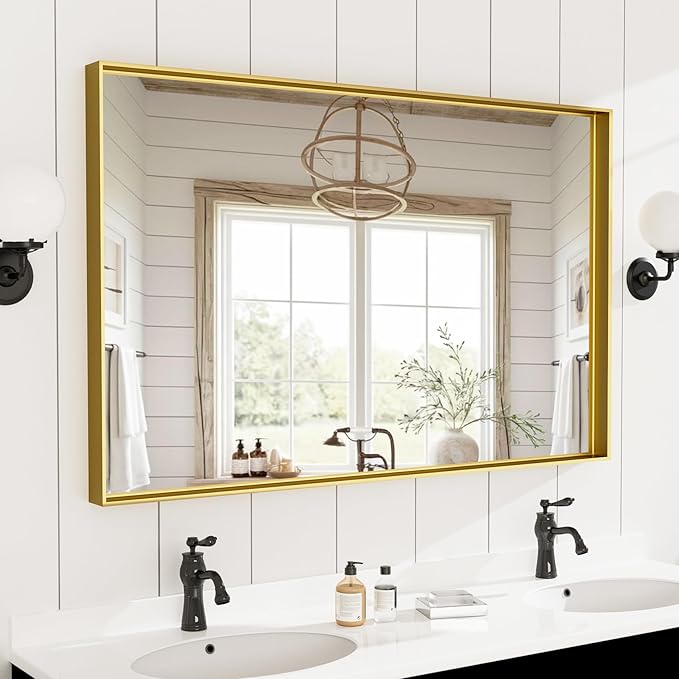 55x30 Inch Gold Bathroom Mirrors for Over Sink, Aluminum Metal Framed Mirror, Large Mirror,Wall-Mounted Rectangle Mirrors, Tempered Glass, High Definition, Horizontal/Vertical