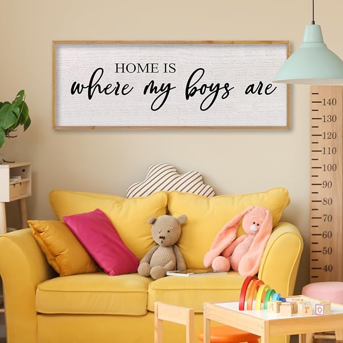 Home Is Where My Boys Are Wall Decor 40"×15" mom and her boys Sign for boys room Playroom Large Wood Framed Wall Hanging Art (Wood)
