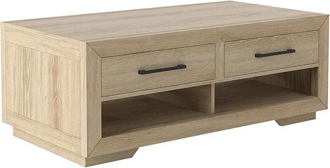 Hazel Coffee Table with 4 Storage Drawers and Open Shelf, Metal Handles, Rectangular Modern Luxury Table for Living Room