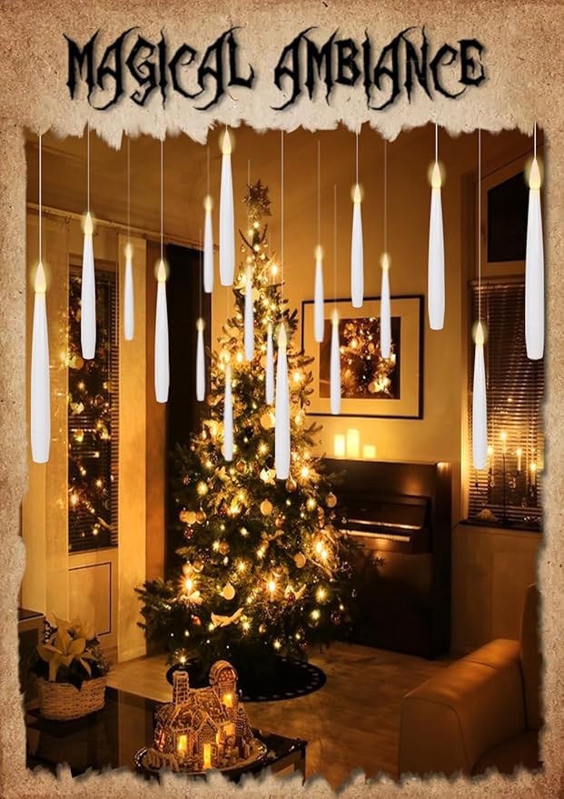 GenSwin 22pcs Flameless Floating Candle with Magic Wand Remote Timer, Battery Operated Hanging Window Candles Flickering, 6.1" LED Electric Candles for Christmas Halloween Decorations(White)