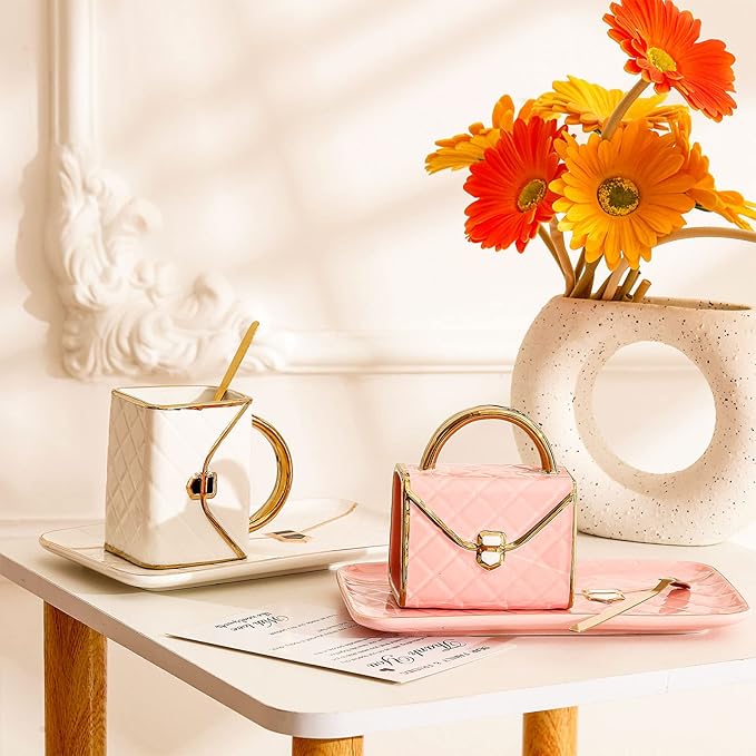 Zubebe 2 Sets Coffee Mug Elegant Handbag Shaped Cup Modern Ceramic Purse Mug with Spoon and Saucer, 10oz Cute Creative Tea Cup for Office Home Woman Girls Gift (Pink and White)