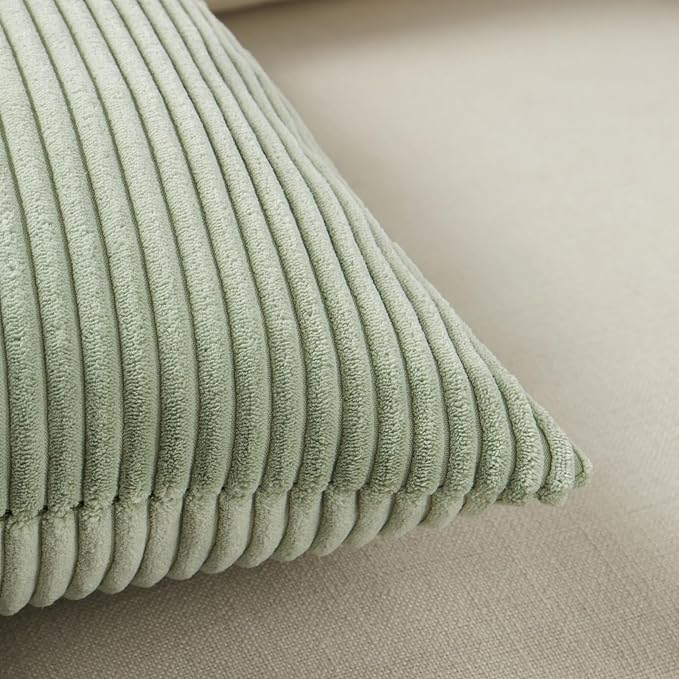Fancy Homi 2 Packs Sage Green Lumbar Decorative Throw Pillow Covers 20x28 Inch for Living Room Couch Bed, Rustic Farmhouse Boho Home Decor, Soft Striped Corduroy Rectangle Accent Cushion Case 50x70 cm