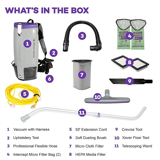 ProTeam Super Coach Pro 10 Backpack Vacuum Commercial with Telescoping Wand Tool Kit, 10 Quart, Corded, 107303