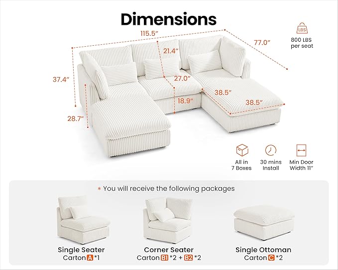 Oversized Modular Sofa, Extra Deep Cloud Corduroy Sectional Couch with Ottoman Chaise, Fluffy Corduroy 5 Seater Sofa Bed for Living Room, Villa (U Shape 5 Seater, Corduroy White)