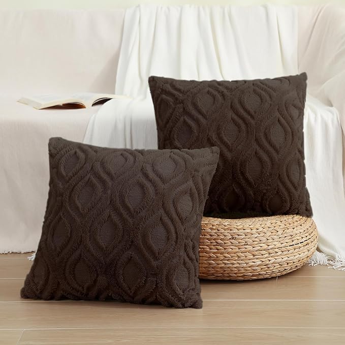 decorUhome Throw Pillow Covers 22x22 Inch Set of 2, Soft Plush Decorative Faux Fur Dark Brown Solid Couch Pillow Covers, Accent Farmhouse Neutral Square Euro Pillow Cases for Sofa Bed Living Room