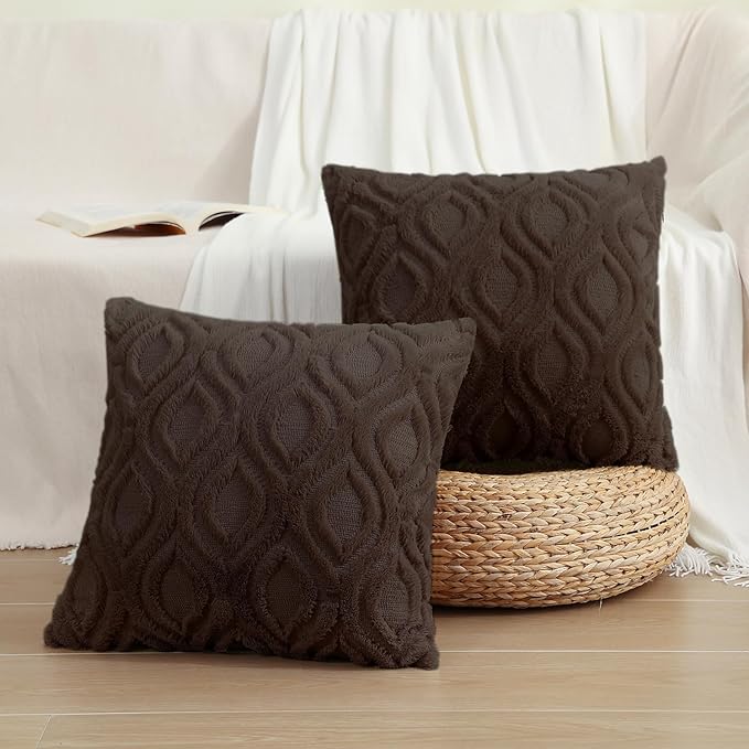 decorUhome Throw Pillow Covers 16x16 Inch Set of 2, Soft Plush Decorative Faux Fur Dark Brown Solid Couch Pillow Covers, Accent Farmhouse Neutral Square Euro Pillow Cases for Sofa Bed Living Room