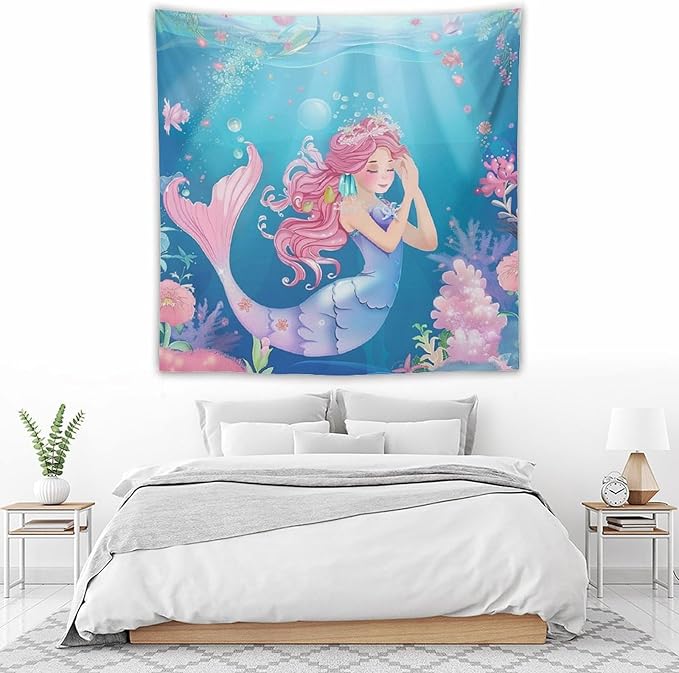 HZOHNAGO Mermaid Girls Tapestry Watercolor Flowers Mermaid Princess Blessing Pattern for Kids Room Decoration Printed Wall Tapestry Wall Hanging for Bedroom Living Room Dorm 60" W x 60" H