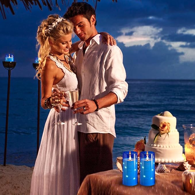 NURADA 3"x6"Flickering Flameless Candles: Built-in Star String 3D Wick Battery Operated LED Candles with Remote and Timer for Wedding Valentine's Day Decor, Blue 2 Pack