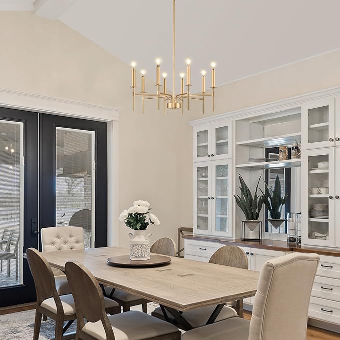 8 Light Gold Chandelier Light Fixture, Modern Farmhouse Chandeliers for Dining Room Light Fixture, Metal Candle Pendant Chandelier for Foyer Entryway Stairs Living Room Bedroom Kitchen