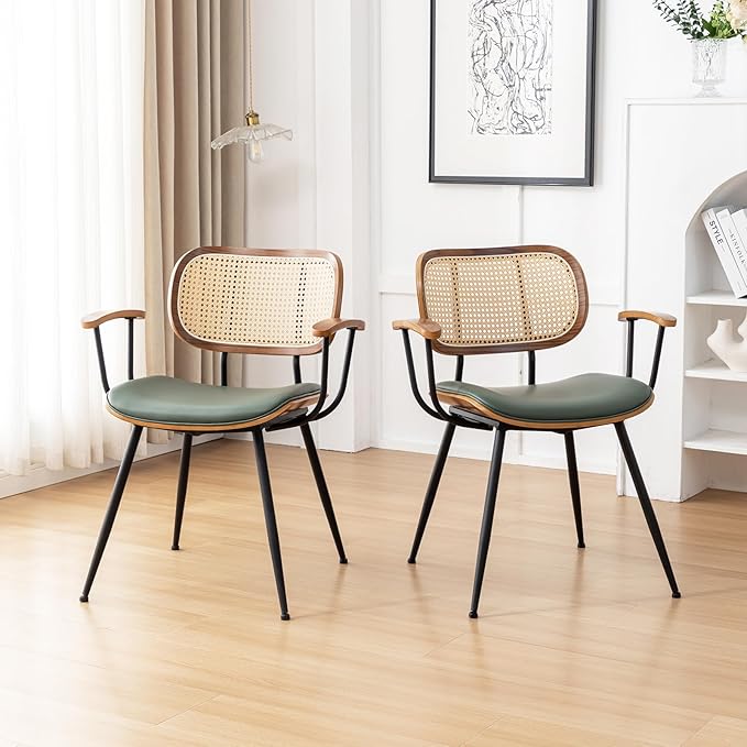 Rattan Dining Room Chairs Set of 2,Mid Century Modern Kitchen Side Chairs,Metal Legs Desk Chair,Faux Leather Accent Chair with Arms and Rattan Backrest Green PU