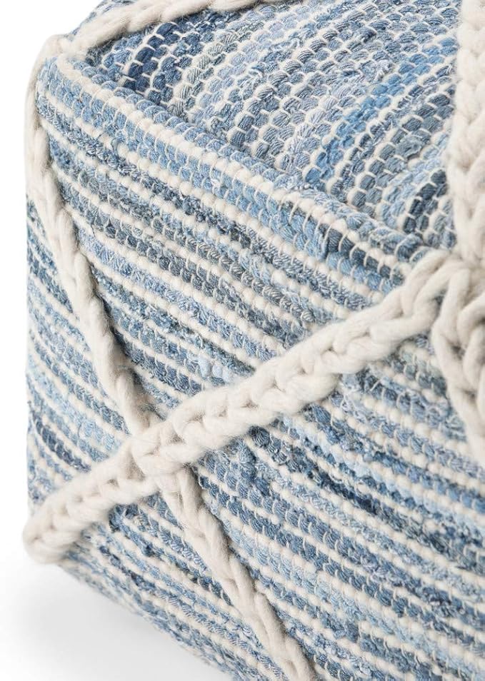 SIMPLIHOME Cowan Boho Square Pouf in Blue, Natural Handloom Woven for the Living Room, Bedroom and Kids Room