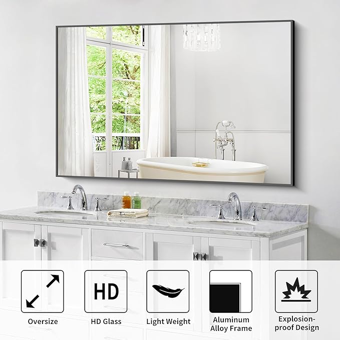Bathroom Black Mirror, 36x55in Black Rectangle Mirror with Thin Metal Frame, Large Rectangular Wall Mirror for Bathroom, Living Room, Hair Salon, Big Farmhouse Mirror Hang Horizontal/Vertical