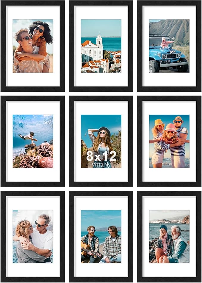 Vittanly 8x12 Picture Frames Set of 9, Shatter Resistant Plexiglass, Display 6x8 Pictures with Mat or 8x12 without Mat, Photo Frames for Wall or Tabletop, Engineered Wood, Black