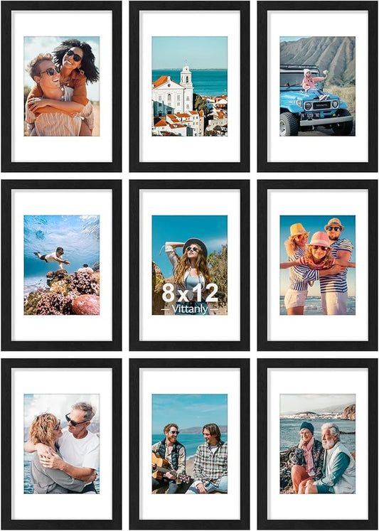 Vittanly 8x12 Picture Frames Set of 9, Shatter Resistant Plexiglass, Display 6x8 Pictures with Mat or 8x12 without Mat, Photo Frames for Wall or Tabletop, Engineered Wood, Black