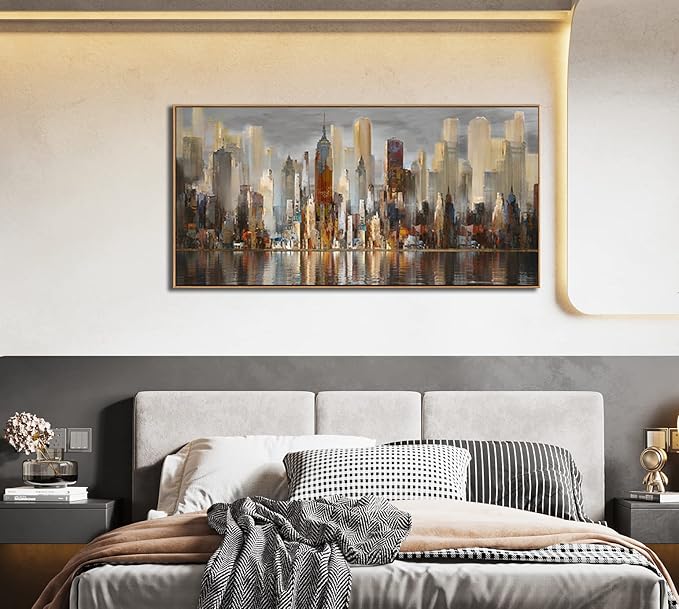 Mofutinpo Abstract Modern Canvas Wall Art for Living Room Cityscape New York Wall Decor City Theme Paintings Brown Framed Pictures Office Artwork Wall Decor Bedroom Above Bed
