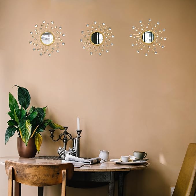 Mirror Wall Decor Wall Mirrors Decorative Sunburst Boho Mirror Gold Mirror Wall Art Metal Decor Mirror Hanging Living Room Bedroom Bathroom Set of 3