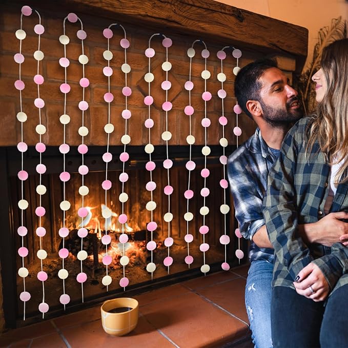 Jishi 3-Pack Pom Pom Garland Pink Felt Ball Ornament Garland Christmas Decorations, Cute Pompom Strings for Christmas Tree Decor, Xmas Holiday Party, Birthday Banner - 6.6 Feet Long, 24 Balls 25mm