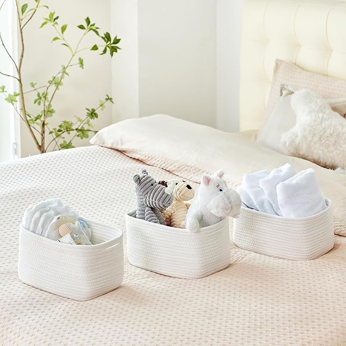 Small Cotton Rope Storage Basket Set of 3-11"x7"x7" Perfect Woven Baskets for Storage, Ideal Storage Baskets for Organizing Toys, Towels, and More - Baskets for Shelves and Home Decor（White）